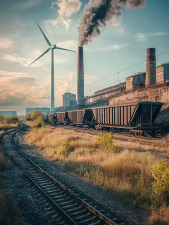 Wind turbines stand alongside abandoned coal mines and factories, highlighting the shift towards renewable energy sources.の素材