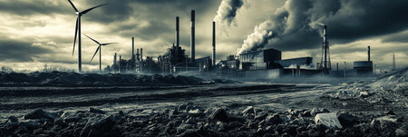 Closed coal mines and wind turbines contrast with aging factories, highlighting the shift towards sustainable energy practices.の素材