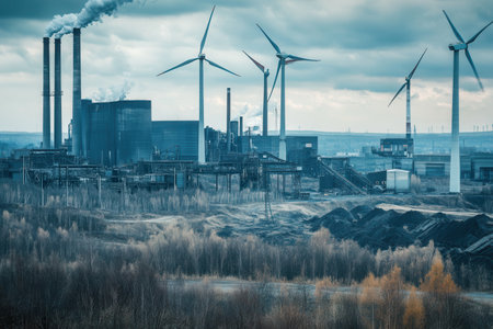 Wind turbines stand tall against a backdrop of abandoned coal mines and factories, symbolizing the shift to sustainable energy.の素材