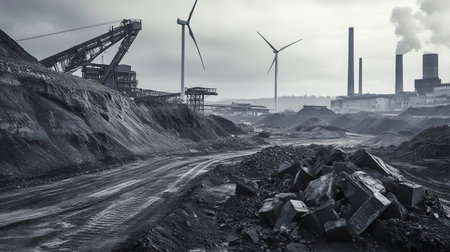 The remnants of coal mining coexist with wind turbines, showing the shift towards renewable energy in an industrial landscape.の素材
