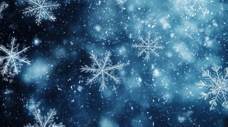 Delicate snowflakes fall gently against a serene blue background, creating a tranquil winter ambiance filled with swirling elements.の素材