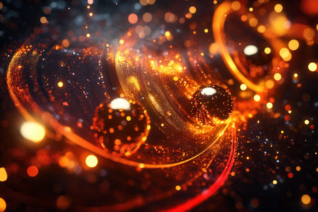 Glowing lines intertwine with spherical elements, evoking a festive feeling akin to Christmas lights adorned with baubles.の素材