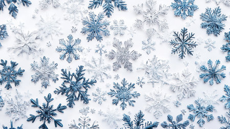 Delicate abstract snowflakes in varying shades of blue and white create a mesmerizing winter-themed design over a light background.の素材