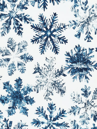 Intricate patterns of abstract snowflakes in various shapes and sizes create a serene winter atmosphere with cool blue hues.の素材
