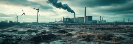 Abandoned coal mines and towering wind turbines showcase the changing landscape towards renewable energy near disused factories.の素材
