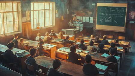 Students crowd into an overcrowded classroom with old materials while focusing on a teacher presenting at the front of the room.の素材