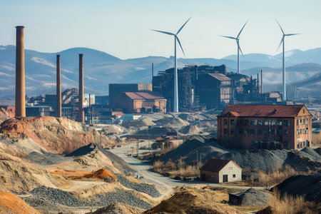 Closed coal mines and old factories stand in the foreground, while wind turbines signify a shift to renewable energy in the valley.の素材