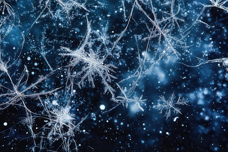 Delicate abstract snowflakes and fine lines create an enchanting and intricate pattern against a dark winter backdrop, illustrating nature's artistry.の素材