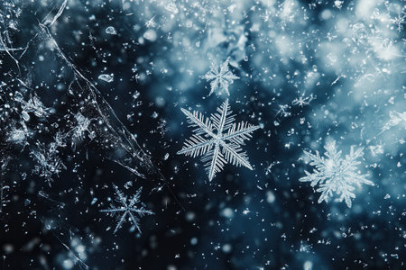 Abstract snowflakes float through a serene blue background, creating a tranquil winter atmosphere filled with quiet beauty.の素材