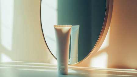 A tube of cream stands on a counter, its reflection visible in a round mirror, illuminated by gentle morning sunlight.の素材