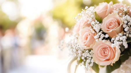 A stunning bridal bouquet adorned with delicate roses and lilies rests gracefully against a softly blurred wedding aisle backdrop.の素材