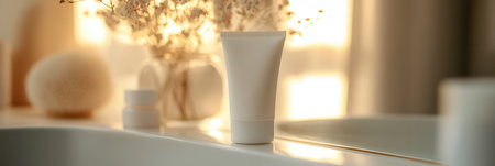A tube of cream is positioned on the bathroom countertop, beautifully reflected in the mirror alongside elegant dried flowers.の素材