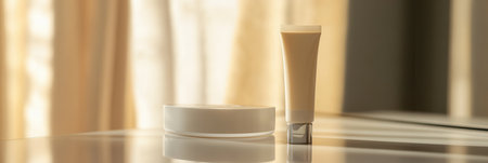 A tube of cream stands beside a round container, reflecting soft light from a nearby window in a warm room.の素材