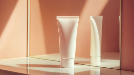 A tube of cream stands upright on a shelf, casting a gentle reflection in the mirror beside it, all illuminated by natural light.の素材