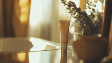 A tube of cream is placed on a shiny surface, reflecting soft morning light while surrounded by gentle greenery in a cozy atmosphere.の素材