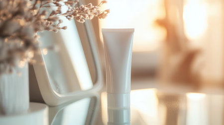 A tube of cream is placed on a vanity while reflecting in the mirror, illuminated by gentle morning light in a calming setting.の素材