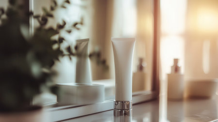 A tube of cream is placed on a bathroom counter, reflecting in a nearby mirror while soft morning light enhances the scene.の素材