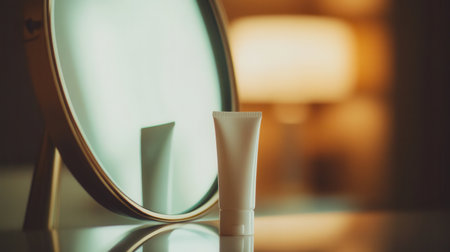A tube of cream stands beside a mirror, reflecting the gentle illumination of a lamp in a cozy evening setting.の素材