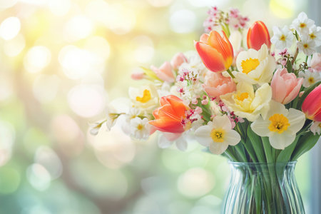 This fresh bouquet bursts with colors from tulips, daffodils, and cherry blossoms, bringing spring's joy indoors in a glass vase.の素材