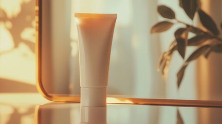 A tube of cream stands upright on a reflective surface, bathed in the warm glow of sunset, with plants in the background.の素材