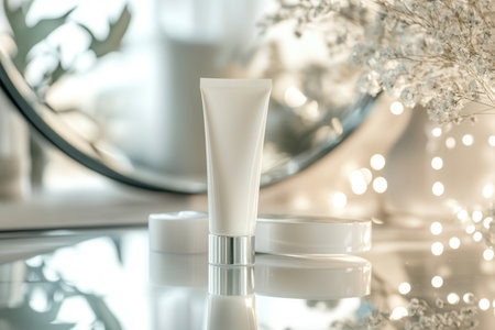 A cream tube stands prominently, reflecting in a mirror while surrounded by soft lighting and minimalist decor for a chic ambiance.の素材