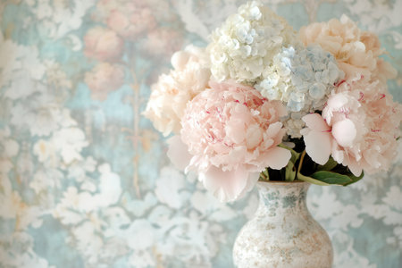 A delicate bouquet soft features peonies and hydrangeas in muted tones, artfully arranged in an antique vase against a floral background.の素材