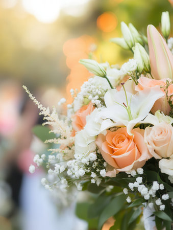 A stunning bridal bouquet featuring roses and lilies adorns an outdoor wedding aisle, enhancing the romantic atmosphere of the ceremony.の素材