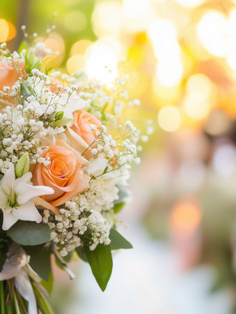 A beautiful bridal bouquet featuring pink roses and white lilies, set against a dreamy, blurred outdoor wedding ceremony backdrop.の素材