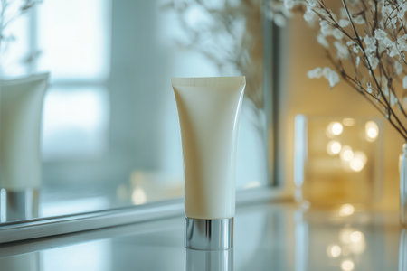 A tube of cream reflects in a mirror, surrounded by elegant lighting and delicate flowers, creating a tranquil atmosphere.の素材