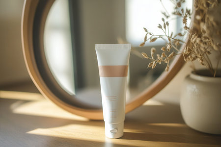 A tube of cream stands upright on a wooden table, casting a soft reflection in a round mirror lit by gentle morning sunlight.の素材