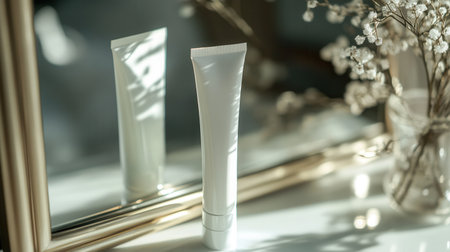 A tube of cream is placed near a mirror, reflecting its sleek design while surrounded by soft lighting and gentle decorative elements.の素材