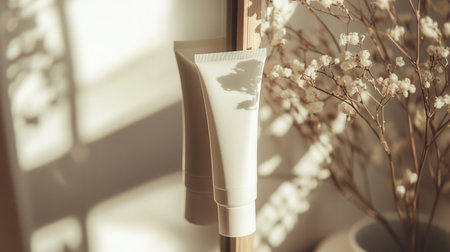 A tube of cream sits reflected in a mirror, surrounded by softly illuminated dried flowers, highlighting a peaceful indoor ambiance.の素材