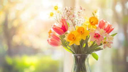 Brightly colored tulips, cheerful daffodils, and delicate cherry blossoms come together in a glass vase to enhance the spring ambiance.の素材