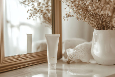 A tube of cream is placed on a table, with its reflection visible in the mirror, surrounded by a warm and calming interior decor.の素材