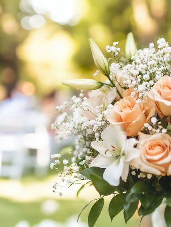 A stunning bridal bouquet showcases pink roses and white lilies, set against a softly blurred background of a wedding aisle.の素材