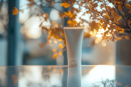 A tube of cream stands on a table, reflecting in a mirror while surrounded by warm autumn foliage in soft evening light.の素材