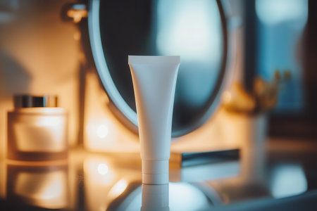 A tube of cream stands in front of a mirror, illuminated by gentle light, suggesting a tranquil moment in a beauty routine.の素材