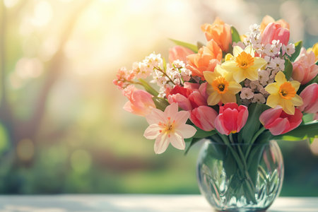 Bright spring flowers including tulips, daffodils, and cherry blossoms are beautifully arranged in a clear glass vase, radiating cheer.の素材