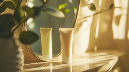 A tube of cream sits on a countertop, casting a reflection in the mirror, illuminated by warm sunlight filtering through a window.の素材