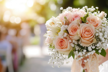 A beautiful bridal bouquet featuring soft roses and lilies is held against a dreamy outdoor wedding aisle setting, bathed in sunlight.の素材