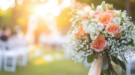 A stunning bridal bouquet filled with roses and lilies stands elegantly, with an outdoor wedding aisle softly blurred behind it.の素材