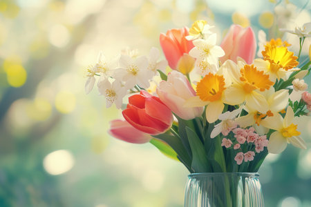 A colorful spring bouquet showcases tulips, daffodils, and cherry blossoms arranged beautifully in a transparent glass vase.の素材