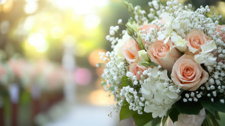 A beautiful bridal bouquet filled with pink roses and white lilies is gently arranged against a softly blurred backdrop of a wedding aisle.の素材