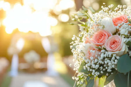 A stunning bouquet of roses and lilies is displayed in the foreground, with a softly blurred wedding aisle in the background.の素材