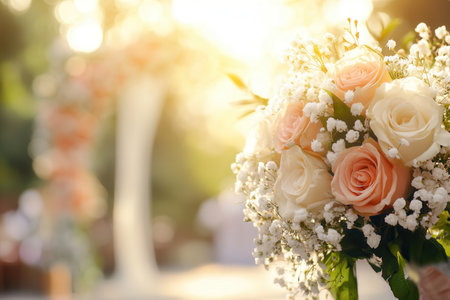 A beautiful bridal bouquet featuring roses and lilies is showcased against a softly blurred wedding aisle during an outdoor ceremony.の素材