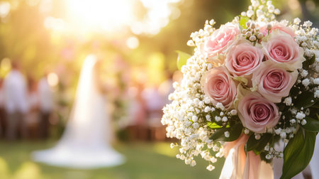 A stunning bridal bouquet features roses and lilies, perfectly set against the backdrop of a blurred outdoor wedding ceremony.の素材