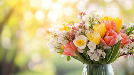 This beautiful spring bouquet showcases colorful tulips, cheerful daffodils, and delicate cherry blossoms arranged elegantly in a glass vase.の素材