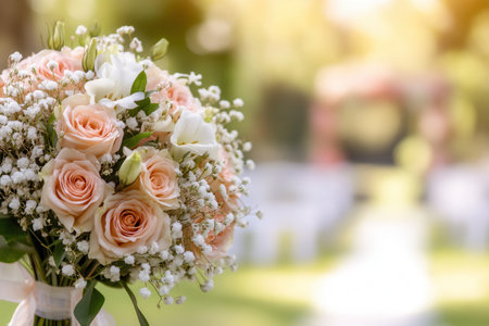A stunning bridal bouquet filled with roses and lilies stands in focus, highlighting the beauty of an outdoor wedding ceremony backdrop.の素材