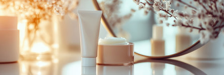 A tube of cream and a jar of moisturizer are artfully arranged beside a mirror, reflecting soft natural light and delicate flowers.の素材