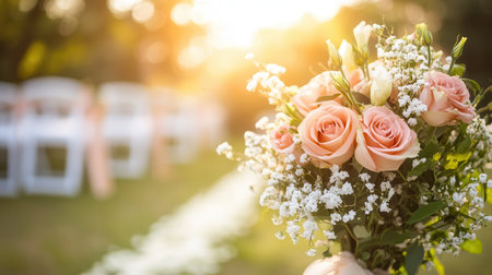 A beautiful bridal bouquet featuring roses and lilies stands out against a blurred background of a wedding aisle in soft sunlight.の素材